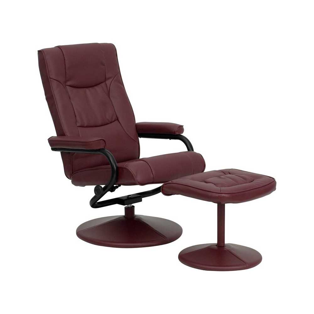 Contemporary Multi-Position Recliner and Ottoman with Wrapped Base in Burgundy LeatherSoft