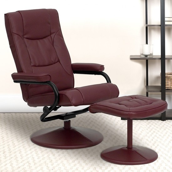 Contemporary Multi-Position Recliner and Ottoman with Wrapped Base in Burgundy LeatherSoft
