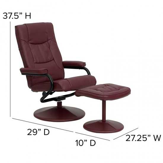 Contemporary Multi-Position Recliner and Ottoman with Wrapped Base in Burgundy LeatherSoft