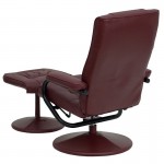 Contemporary Multi-Position Recliner and Ottoman with Wrapped Base in Burgundy LeatherSoft