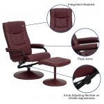 Contemporary Multi-Position Recliner and Ottoman with Wrapped Base in Burgundy LeatherSoft