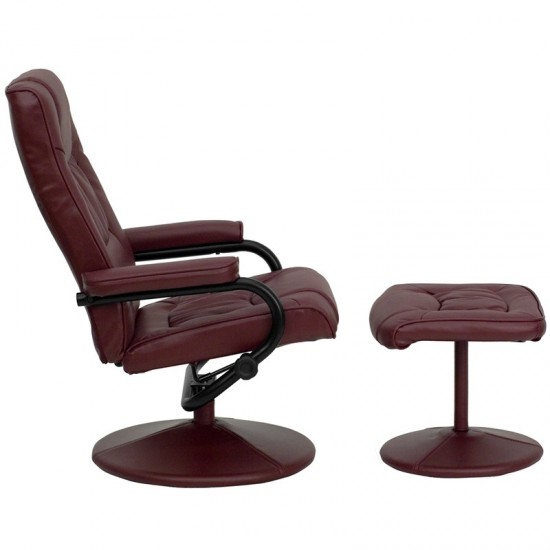 Contemporary Multi-Position Recliner and Ottoman with Wrapped Base in Burgundy LeatherSoft