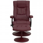 Contemporary Multi-Position Recliner and Ottoman with Wrapped Base in Burgundy LeatherSoft