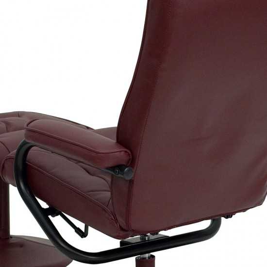 Contemporary Multi-Position Recliner and Ottoman with Wrapped Base in Burgundy LeatherSoft