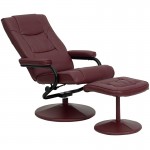 Contemporary Multi-Position Recliner and Ottoman with Wrapped Base in Burgundy LeatherSoft