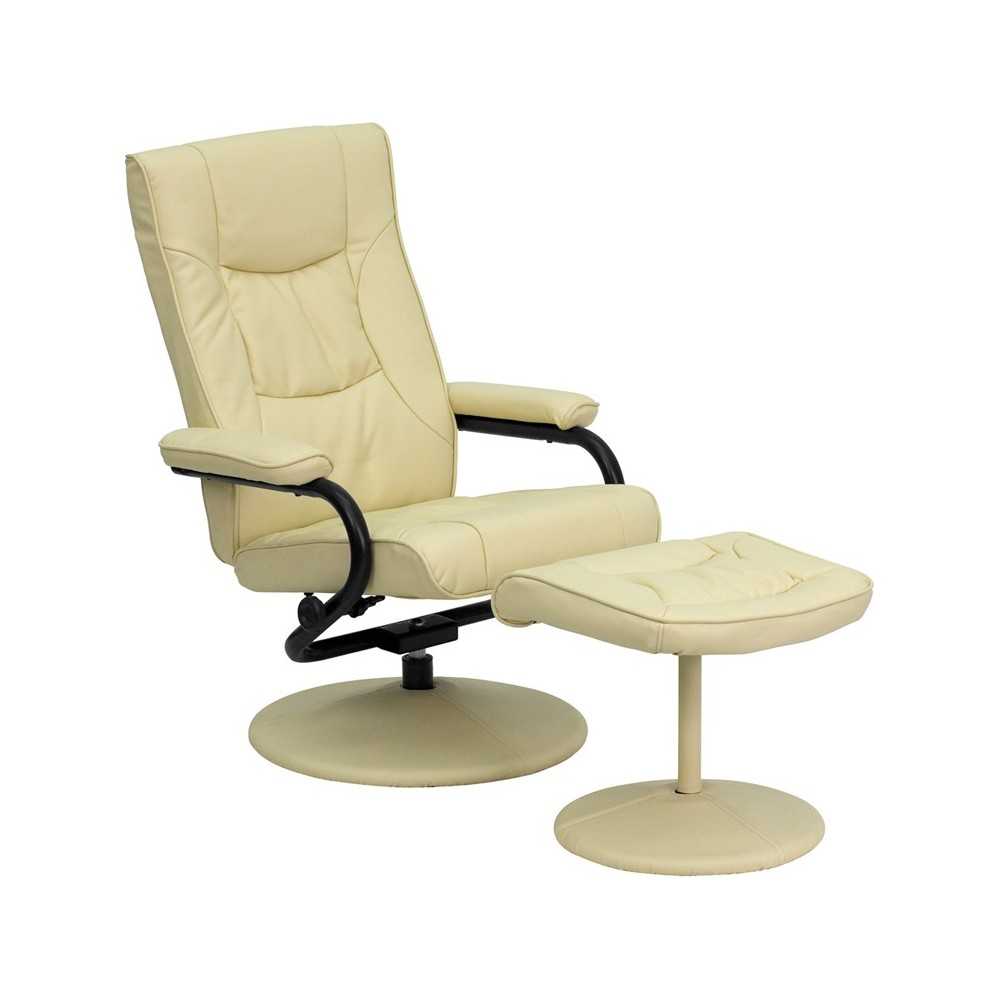 Contemporary Multi-Position Recliner and Ottoman with Wrapped Base in Cream LeatherSoft Contemporary Multi-Position Recliner and Ottoman with Wrapped Base in Cream LeatherSoft