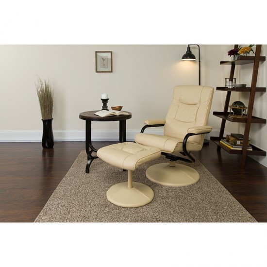 Contemporary Multi-Position Recliner and Ottoman with Wrapped Base in Cream LeatherSoft