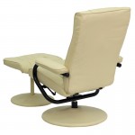 Contemporary Multi-Position Recliner and Ottoman with Wrapped Base in Cream LeatherSoft