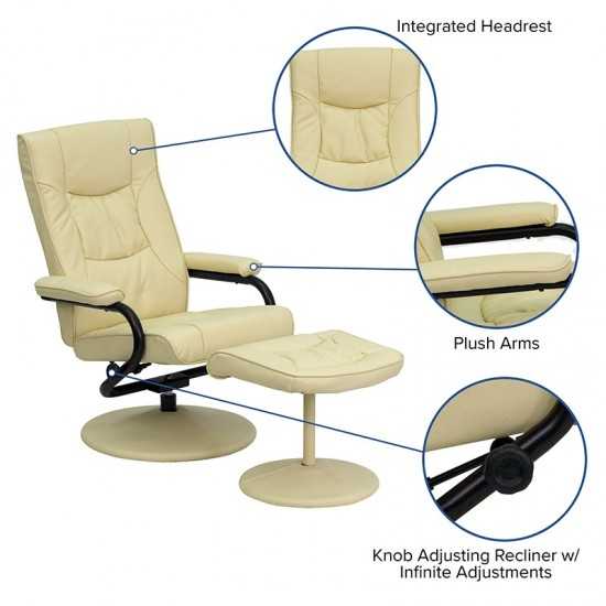 Contemporary Multi-Position Recliner and Ottoman with Wrapped Base in Cream LeatherSoft
