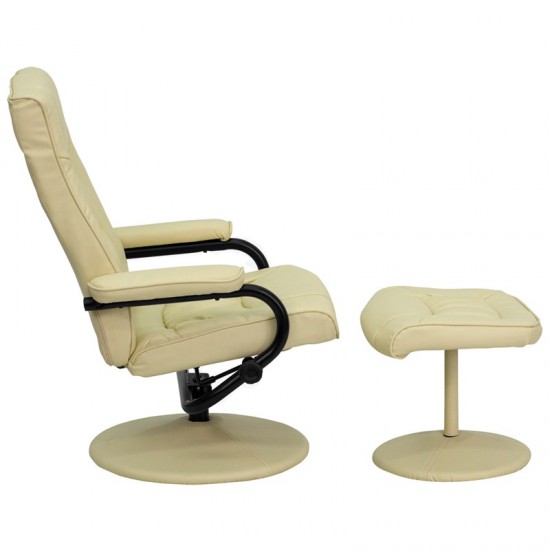 Contemporary Multi-Position Recliner and Ottoman with Wrapped Base in Cream LeatherSoft