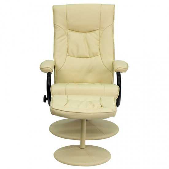 Contemporary Multi-Position Recliner and Ottoman with Wrapped Base in Cream LeatherSoft