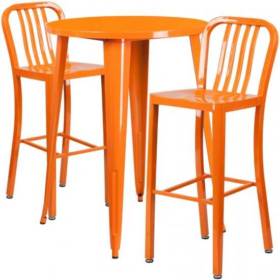 Commercial Grade 30" Round Orange Metal Indoor-Outdoor Bar Table Set with 2 Vertical Slat Back Stools