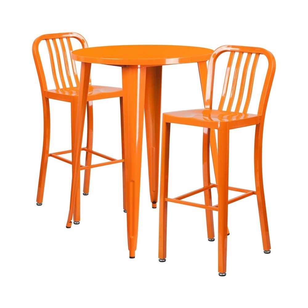 Commercial Grade 30" Round Orange Metal Indoor-Outdoor Bar Table Set with 2 Vertical Slat Back Stools