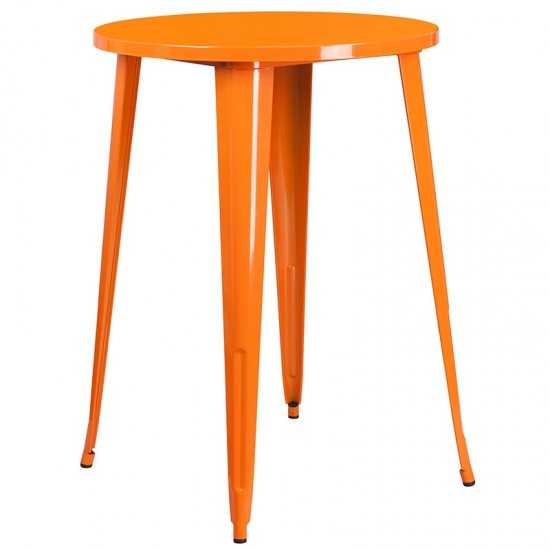 Commercial Grade 30" Round Orange Metal Indoor-Outdoor Bar Table Set with 2 Vertical Slat Back Stools