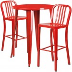 Commercial Grade 30" Round Red Metal Indoor-Outdoor Bar Table Set with 2 Vertical Slat Back Stools