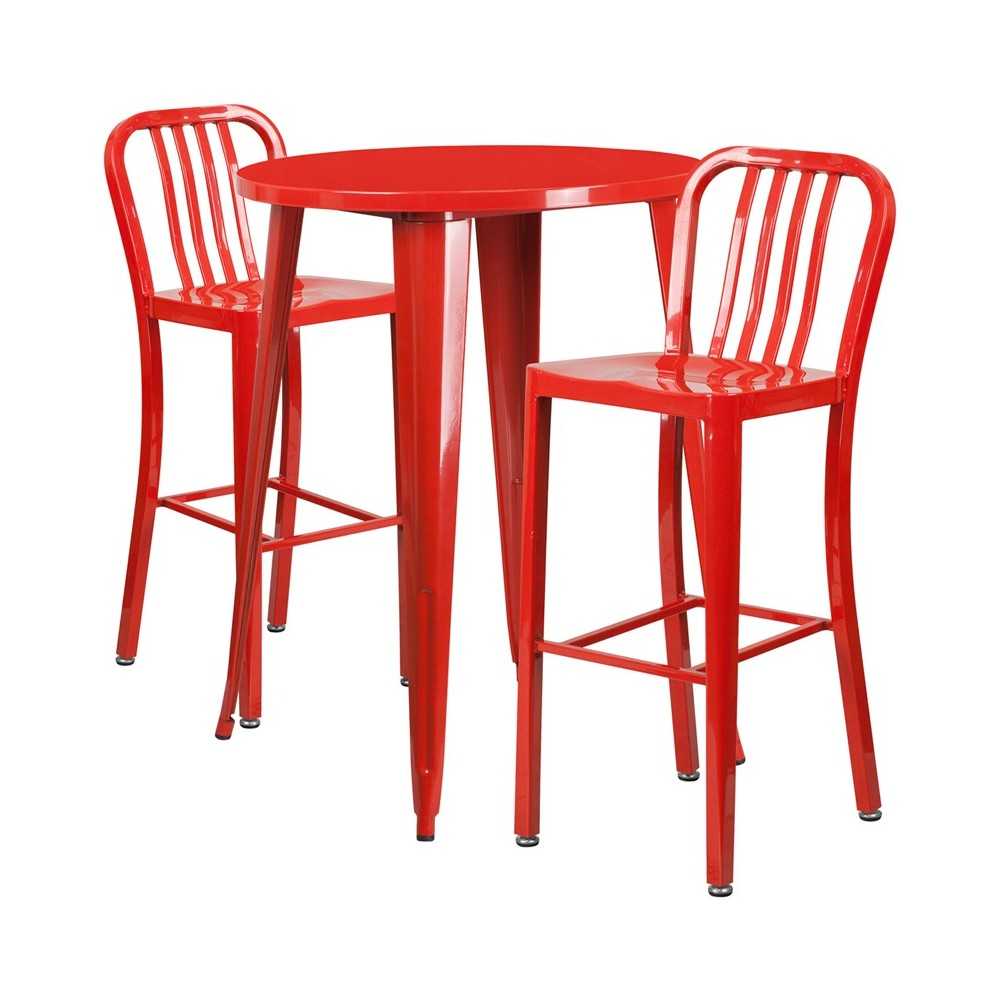 Commercial Grade 30" Round Red Metal Indoor-Outdoor Bar Table Set with 2 Vertical Slat Back Stools