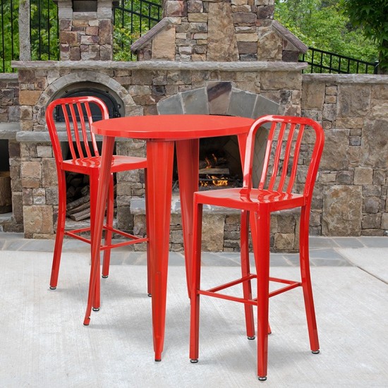 Commercial Grade 30" Round Red Metal Indoor-Outdoor Bar Table Set with 2 Vertical Slat Back Stools