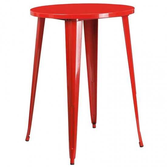 Commercial Grade 30" Round Red Metal Indoor-Outdoor Bar Table Set with 2 Vertical Slat Back Stools