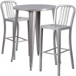 Commercial Grade 30" Round Silver Metal Indoor-Outdoor Bar Table Set with 2 Vertical Slat Back Stools