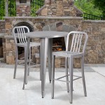 Commercial Grade 30" Round Silver Metal Indoor-Outdoor Bar Table Set with 2 Vertical Slat Back Stools