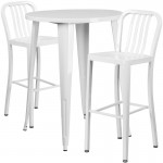 Commercial Grade 30" Round White Metal Indoor-Outdoor Bar Table Set with 2 Vertical Slat Back Stools