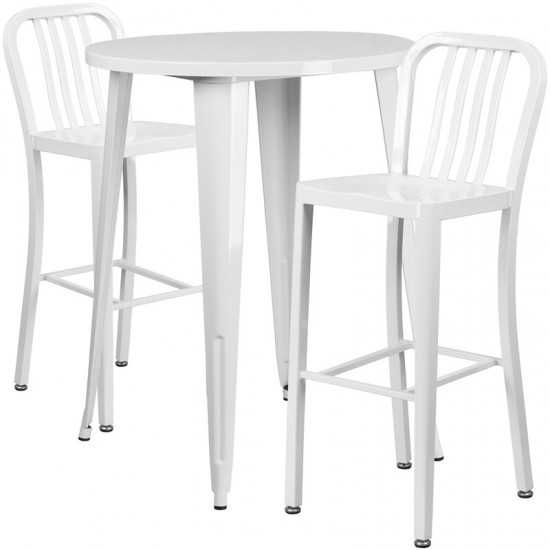 Commercial Grade 30" Round White Metal Indoor-Outdoor Bar Table Set with 2 Vertical Slat Back Stools