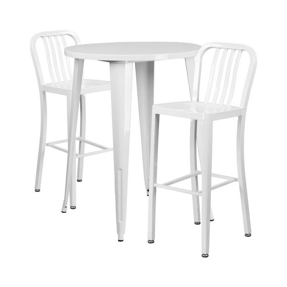 Commercial Grade 30" Round White Metal Indoor-Outdoor Bar Table Set with 2 Vertical Slat Back Stools