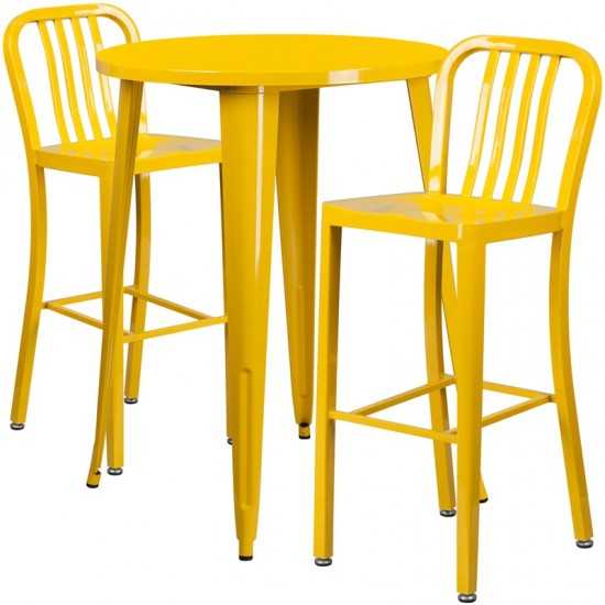 Commercial Grade 30" Round Yellow Metal Indoor-Outdoor Bar Table Set with 2 Vertical Slat Back Stools