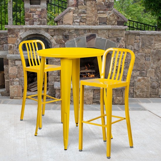 Commercial Grade 30" Round Yellow Metal Indoor-Outdoor Bar Table Set with 2 Vertical Slat Back Stools