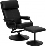 Contemporary Multi-Position Headrest Recliner and Ottoman with Wrapped Base in Black LeatherSoft