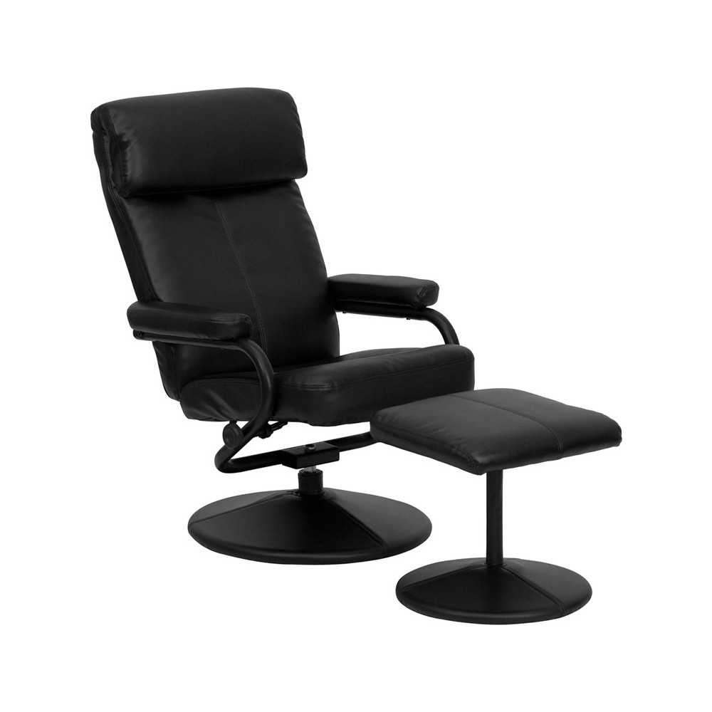 Contemporary Multi-Position Headrest Recliner and Ottoman with Wrapped Base in Black LeatherSoft