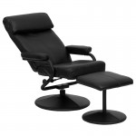 Contemporary Multi-Position Headrest Recliner and Ottoman with Wrapped Base in Black LeatherSoft