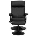 Contemporary Multi-Position Headrest Recliner and Ottoman with Wrapped Base in Black LeatherSoft