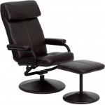 Contemporary Multi-Position Headrest Recliner and Ottoman with Wrapped Base in Brown LeatherSoft