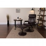 Contemporary Multi-Position Headrest Recliner and Ottoman with Wrapped Base in Brown LeatherSoft