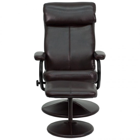 Contemporary Multi-Position Headrest Recliner and Ottoman with Wrapped Base in Brown LeatherSoft