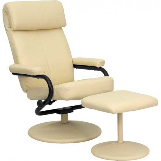 Contemporary Multi-Position Headrest Recliner and Ottoman with Wrapped Base in Cream LeatherSoft