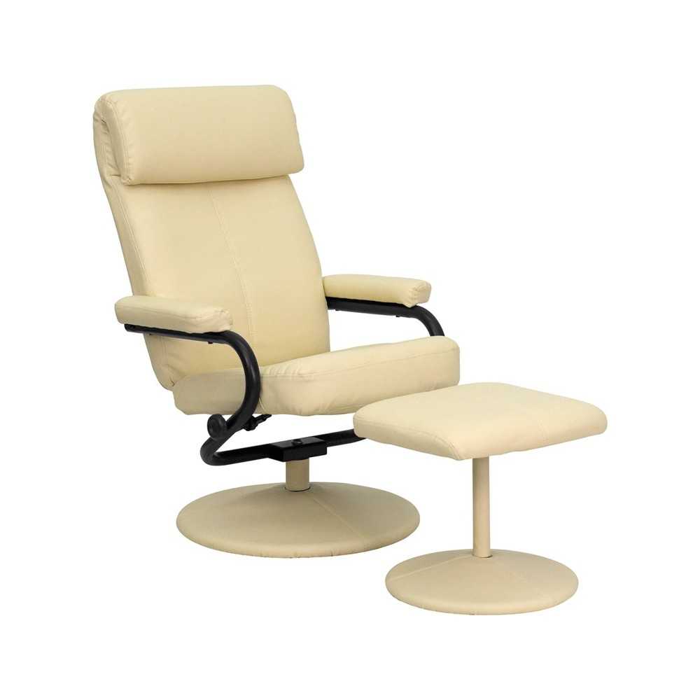 Contemporary Multi-Position Headrest Recliner and Ottoman with Wrapped Base in Cream LeatherSoft Contemporary Multi-Position Headrest Recliner and Ottoman with Wrapped Base in Cream LeatherSoft