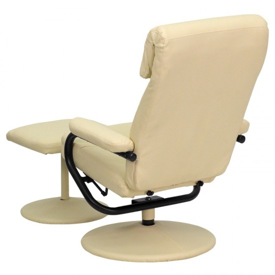 Contemporary Multi-Position Headrest Recliner and Ottoman with Wrapped Base in Cream LeatherSoft