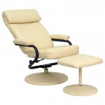 Contemporary Multi-Position Headrest Recliner and Ottoman with Wrapped Base in Cream LeatherSoft