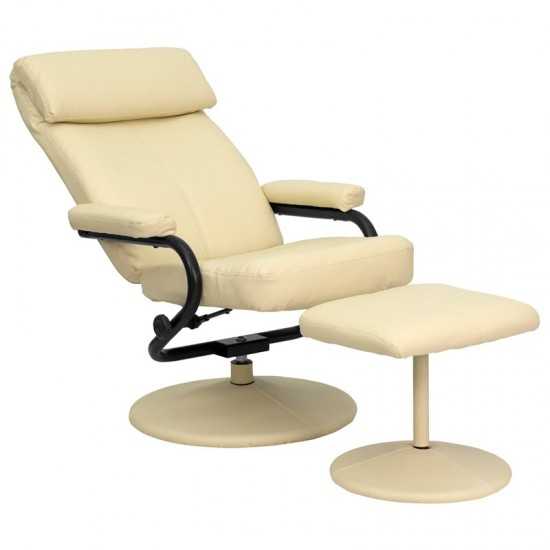 Contemporary Multi-Position Headrest Recliner and Ottoman with Wrapped Base in Cream LeatherSoft