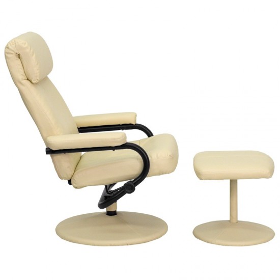 Contemporary Multi-Position Headrest Recliner and Ottoman with Wrapped Base in Cream LeatherSoft