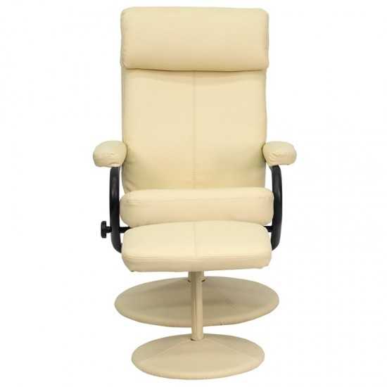 Contemporary Multi-Position Headrest Recliner and Ottoman with Wrapped Base in Cream LeatherSoft