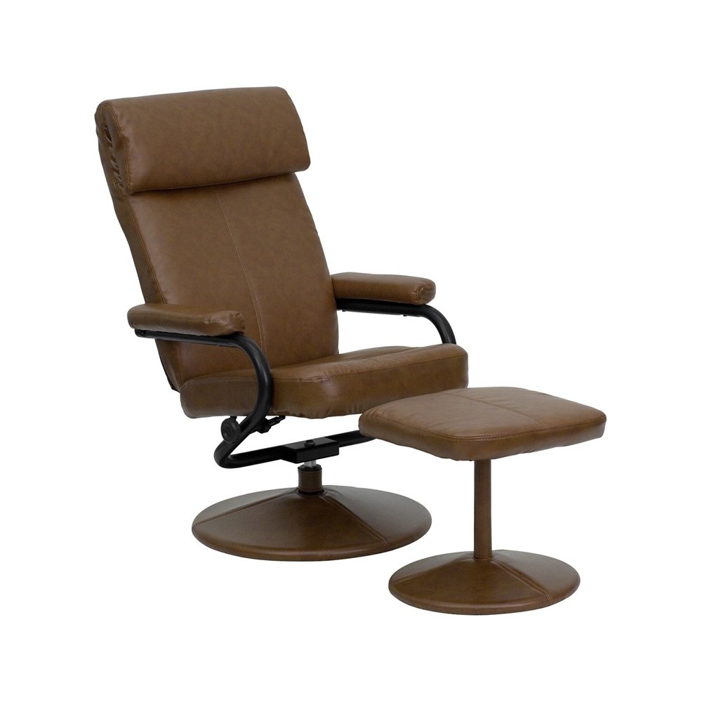 Contemporary Multi-Position Headrest Recliner and Ottoman with Wrapped Base in Palimino LeatherSoft