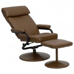 Contemporary Multi-Position Headrest Recliner and Ottoman with Wrapped Base in Palimino LeatherSoft