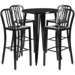 Commercial Grade 30" Round Black Metal Indoor-Outdoor Bar Table Set with 4 Vertical Slat Back Stools