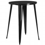 Commercial Grade 30" Round Black Metal Indoor-Outdoor Bar Table Set with 4 Vertical Slat Back Stools