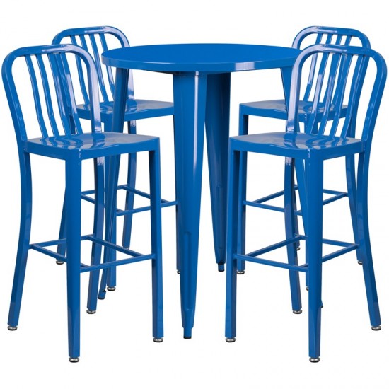 Commercial Grade 30" Round Blue Metal Indoor-Outdoor Bar Table Set with 4 Vertical Slat Back Stools