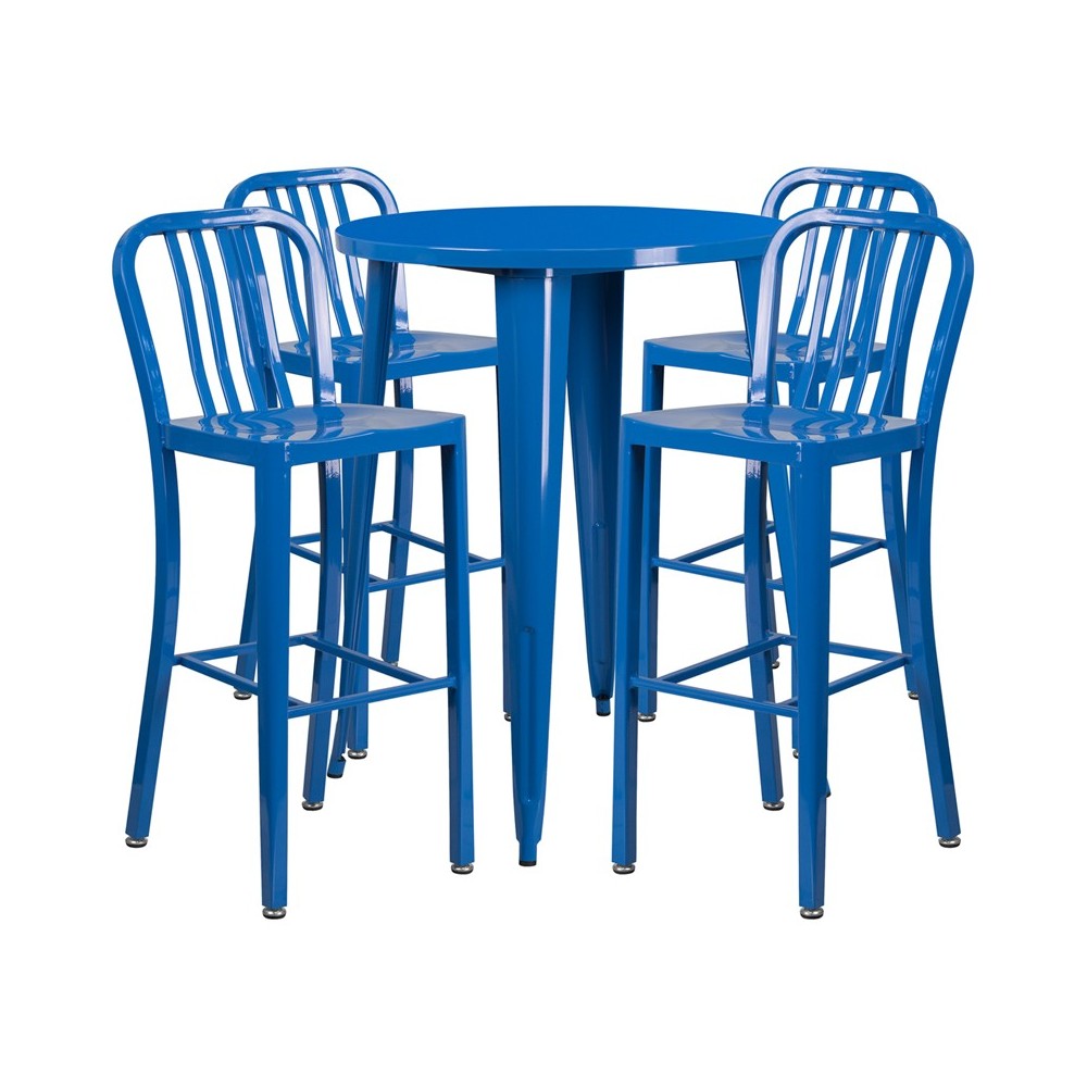 Commercial Grade 30" Round Blue Metal Indoor-Outdoor Bar Table Set with 4 Vertical Slat Back Stools