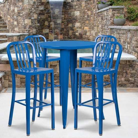 Commercial Grade 30" Round Blue Metal Indoor-Outdoor Bar Table Set with 4 Vertical Slat Back Stools